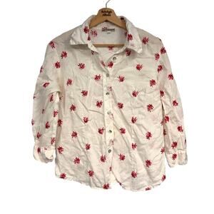 VTG Mastro Moda 100% Linen Embroidered Coral White Button Up SZ LARGE Italy Made